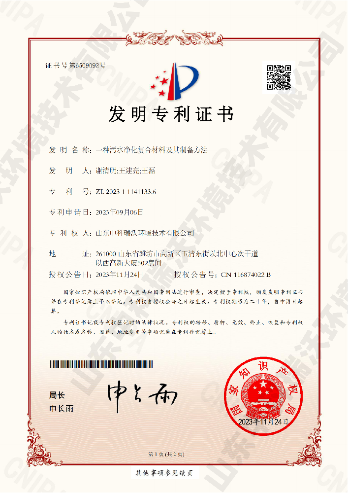 一种污水净化复合材料及其制备方法-ZL 20231 11411336山东懂车帝(中国)环境技术有限公司_00.png